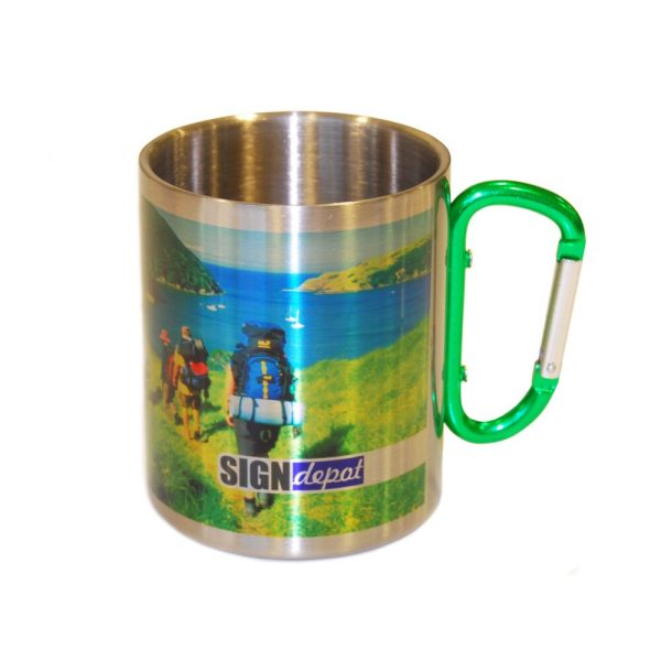Sublimation metal mug with green carabiner